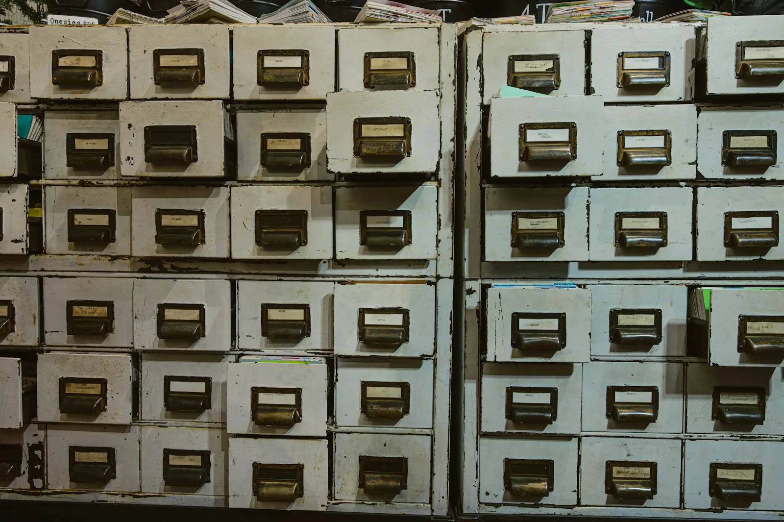 Rows of old labeled filing cabinets in a records room
